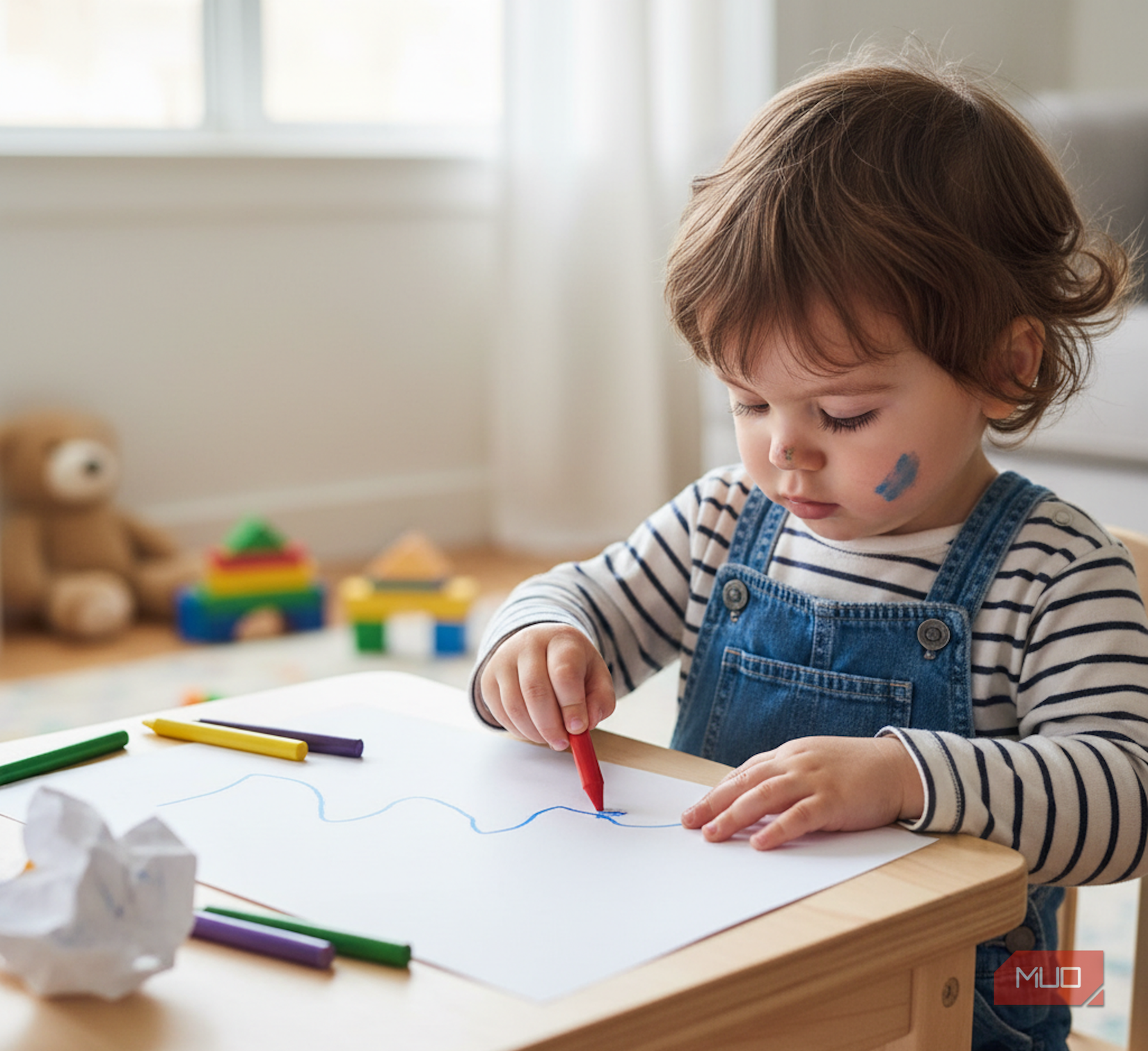 young child drawing on paper with crayons.